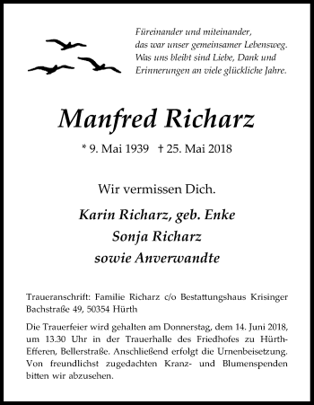 Anzeige von Manfred Richarz von Kölner Stadt-Anzeiger / Kölnische Rundschau / Express