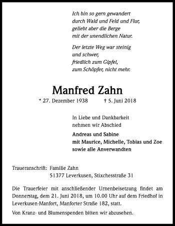 Anzeige von Manfred Zahn von Kölner Stadt-Anzeiger / Kölnische Rundschau / Express