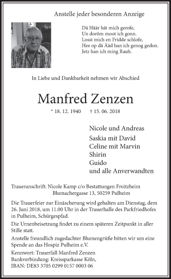 Anzeige von Manfred Zenzen von  Sonntags-Post 