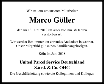 Anzeige von Marco Göller von Kölner Stadt-Anzeiger / Kölnische Rundschau / Express
