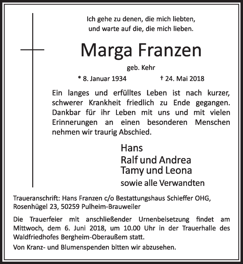  Traueranzeige für Marga Franzen vom 02.06.2018 aus  Sonntags-Post 