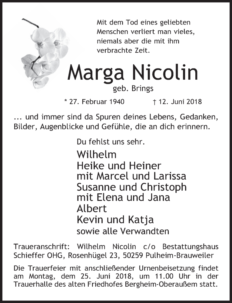  Traueranzeige für Marga Nicolin vom 20.06.2018 aus  Werbepost 