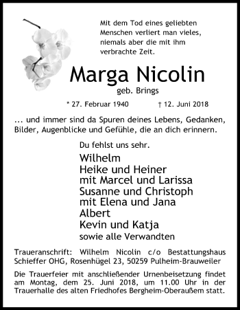Anzeige von Marga Nicolin von Kölner Stadt-Anzeiger / Kölnische Rundschau / Express