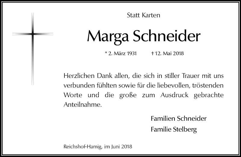  Traueranzeige für Marga Schneider vom 09.06.2018 aus Kölner Stadt-Anzeiger / Kölnische Rundschau / Express