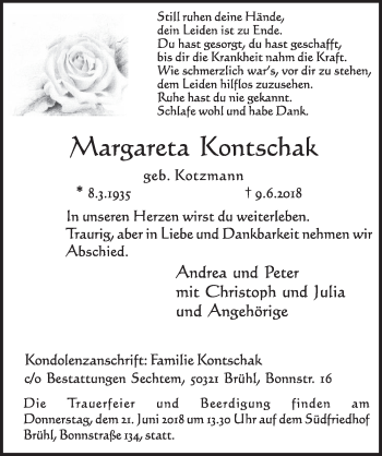 Anzeige von Margareta Kontschak von  Schlossbote/Werbekurier 