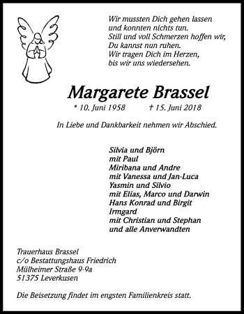 Anzeige von Margarete Brassel von Kölner Stadt-Anzeiger / Kölnische Rundschau / Express