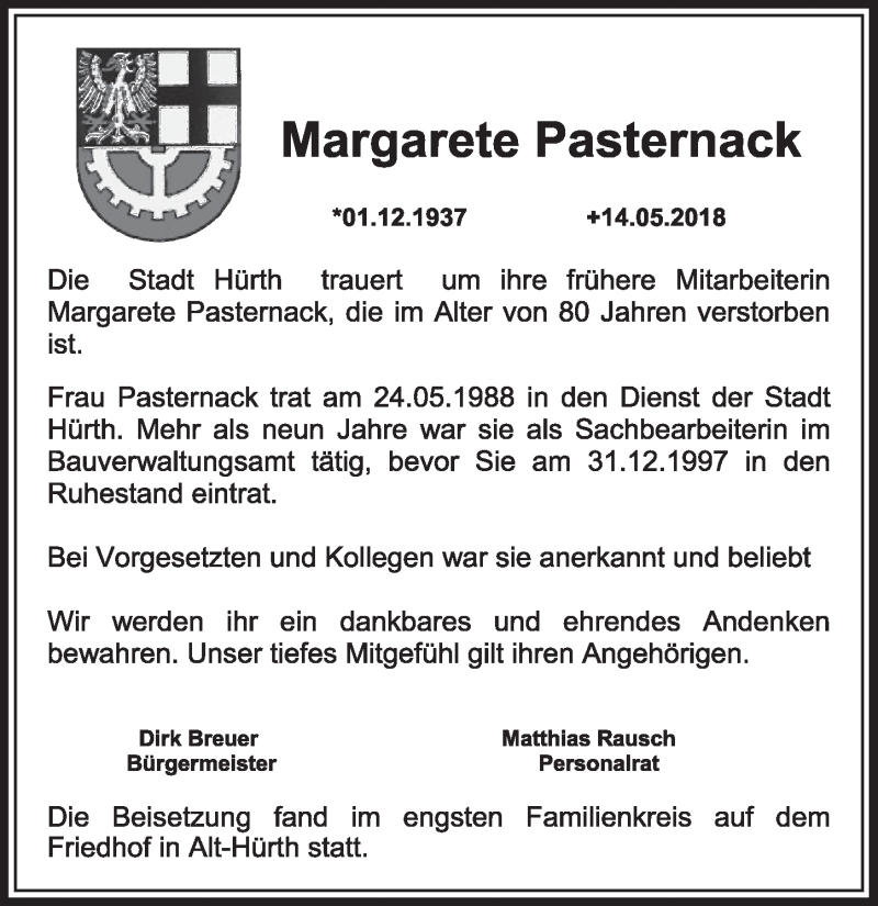  Traueranzeige für Margarete Pasternack vom 09.06.2018 aus  Sonntags-Post 