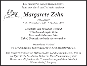 Anzeige von Margarete Zehn von  Kölner Wochenspiegel 
