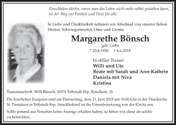 Anzeige von Margarethe Bönsch von  Sonntags-Post 
