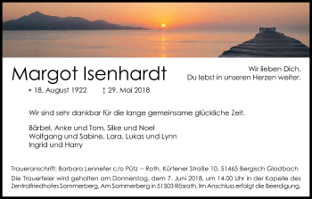 Anzeige von Margot Isenhardt von Kölner Stadt-Anzeiger / Kölnische Rundschau / Express