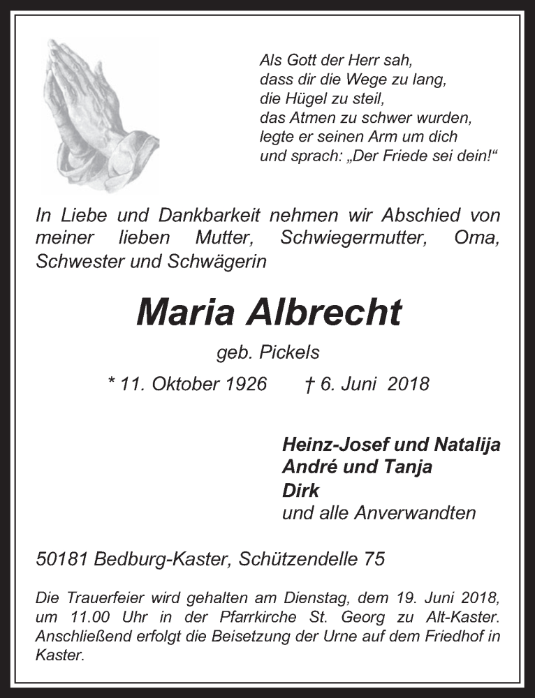  Traueranzeige für Maria Albrecht vom 13.06.2018 aus  Werbepost 