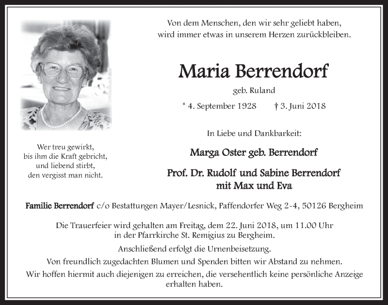 Traueranzeige für Maria Berrendorf vom 13.06.2018 aus  Werbepost 