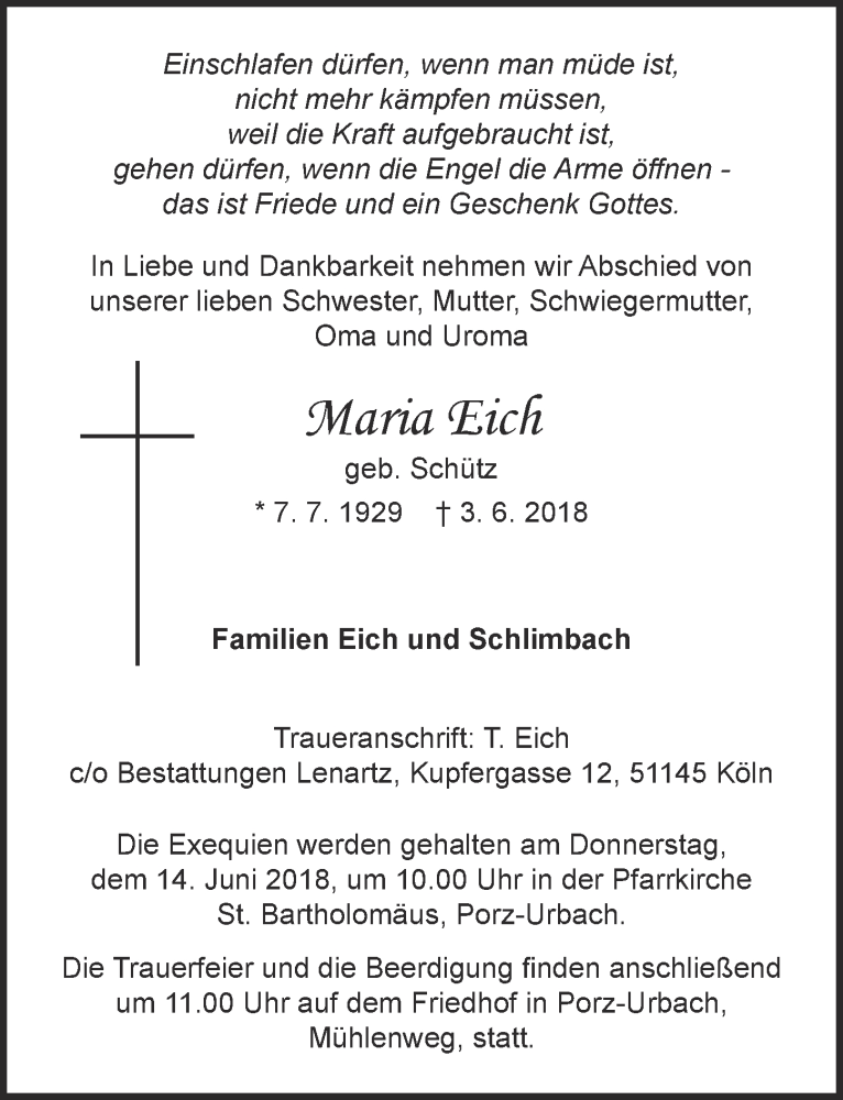  Traueranzeige für Maria Eich vom 13.06.2018 aus  Kölner Wochenspiegel 