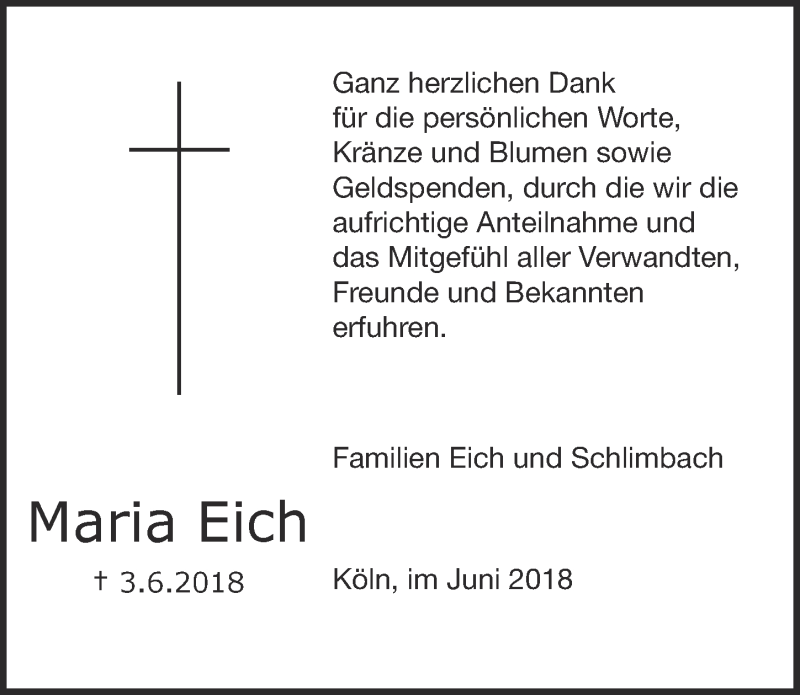  Traueranzeige für Maria Eich vom 27.06.2018 aus  Kölner Wochenspiegel 