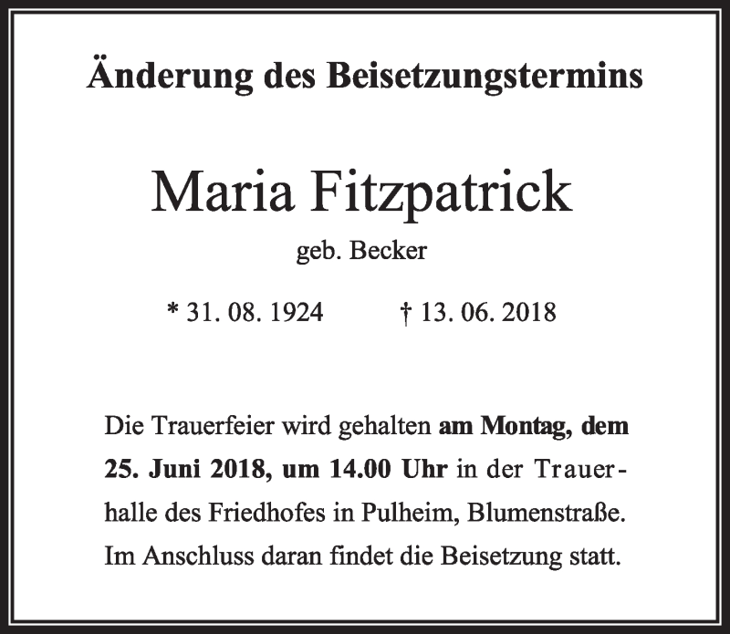  Traueranzeige für Maria Fitzpatrick vom 23.06.2018 aus  Sonntags-Post 