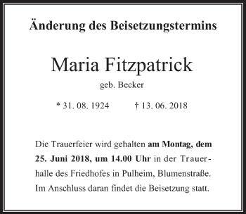 Anzeige von Maria Fitzpatrick von  Wochenende 