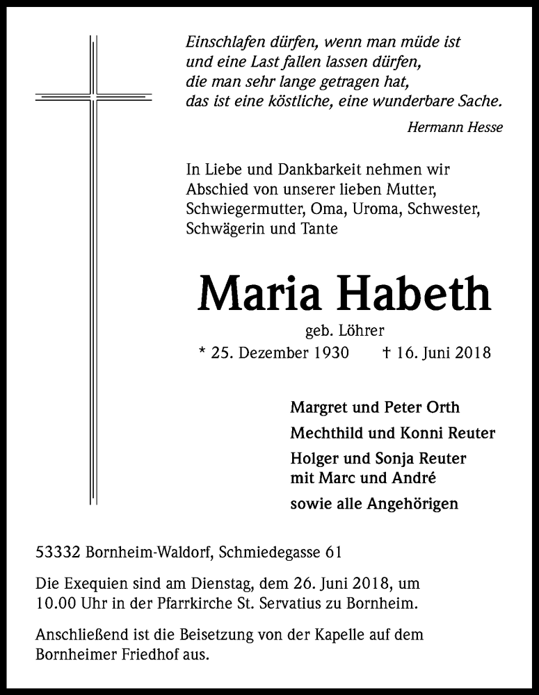  Traueranzeige für Maria Habeth vom 23.06.2018 aus Kölner Stadt-Anzeiger / Kölnische Rundschau / Express