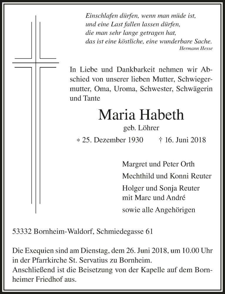  Traueranzeige für Maria Habeth vom 23.06.2018 aus  Schaufenster/Blickpunkt am Wochenende 