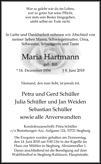 Anzeige von Maria Hartmann von Kölner Stadt-Anzeiger / Kölnische Rundschau / Express