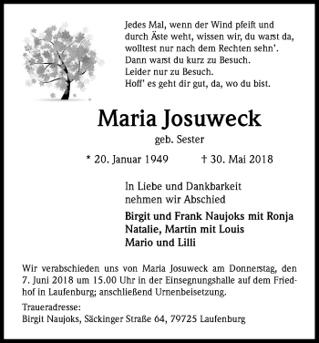 Anzeige von Maria Josuweck von Kölner Stadt-Anzeiger / Kölnische Rundschau / Express