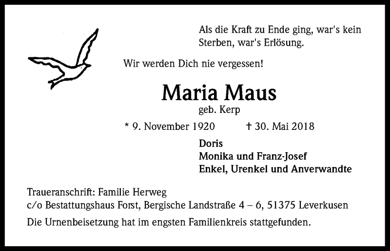  Traueranzeige für Maria Maus vom 09.06.2018 aus Kölner Stadt-Anzeiger / Kölnische Rundschau / Express
