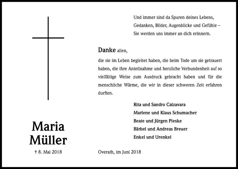  Traueranzeige für Maria Müller vom 09.06.2018 aus Kölner Stadt-Anzeiger / Kölnische Rundschau / Express