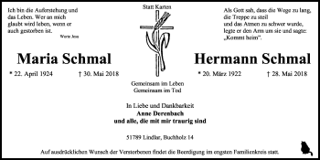 Anzeige von Maria Schmal von Kölner Stadt-Anzeiger / Kölnische Rundschau / Express