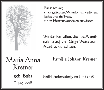 Anzeige von Maria Anna Kremer von  Schlossbote/Werbekurier 