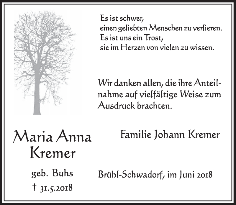  Traueranzeige für Maria Anna Kremer vom 27.06.2018 aus  Schlossbote/Werbekurier 
