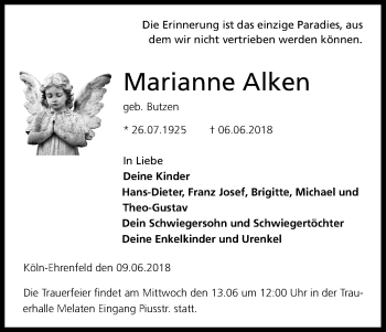 Anzeige von Marianne Alken von Kölner Stadt-Anzeiger / Kölnische Rundschau / Express