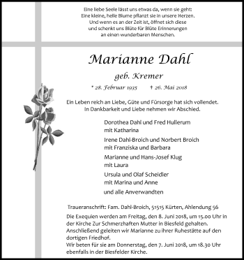 Anzeige von Marianne Dahl von Kölner Stadt-Anzeiger / Kölnische Rundschau / Express
