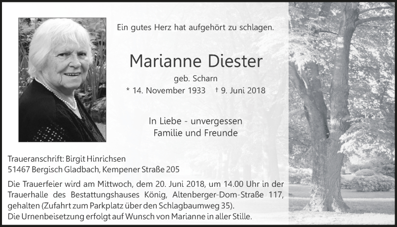  Traueranzeige für Marianne Diester vom 16.06.2018 aus  Bergisches Sonntagsblatt 
