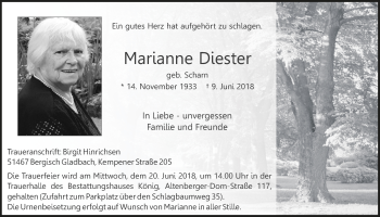 Anzeige von Marianne Diester von  Bergisches Sonntagsblatt 