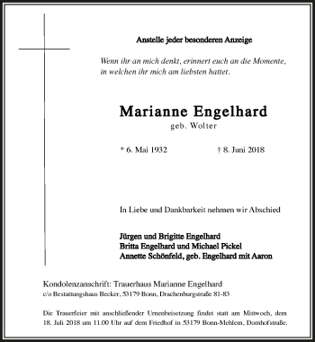 Anzeige von Marianne Engelhard von  Schaufenster/Blickpunkt  Extra Blatt 