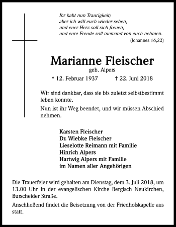 Anzeige von Marianne Fleischer von Kölner Stadt-Anzeiger / Kölnische Rundschau / Express
