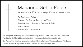Anzeige von Marianne Gehle-Peters von Kölner Stadt-Anzeiger / Kölnische Rundschau / Express