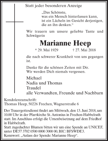 Anzeige von Marianne Heep von  Sonntags-Post 