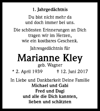 Anzeige von Marianne Kley von Kölner Stadt-Anzeiger / Kölnische Rundschau / Express