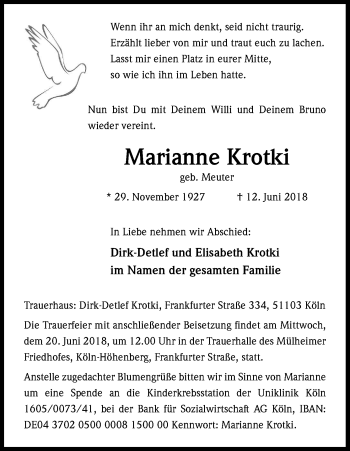 Anzeige von Marianne Krotki von Kölner Stadt-Anzeiger / Kölnische Rundschau / Express