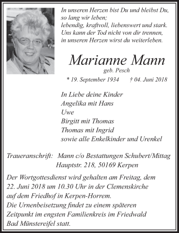 Anzeige von Marianne Mann von  Sonntags-Post 