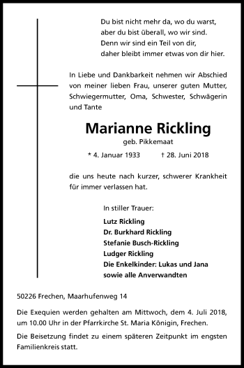 Anzeige von Marianne Rickling von Kölner Stadt-Anzeiger / Kölnische Rundschau / Express