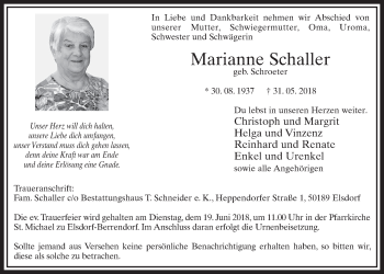 Anzeige von Marianne Schaller von  Sonntags-Post 
