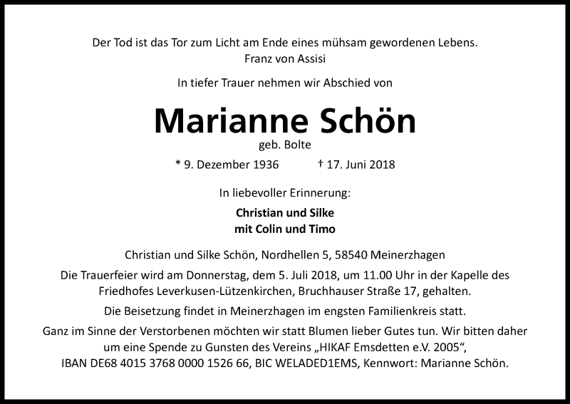  Traueranzeige für Marianne Schön vom 30.06.2018 aus Kölner Stadt-Anzeiger / Kölnische Rundschau / Express