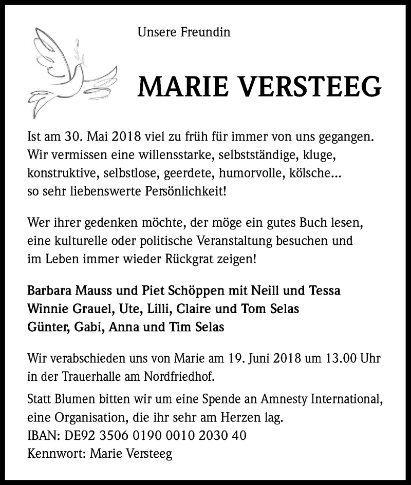  Traueranzeige für Marie Versteeg vom 16.06.2018 aus Kölner Stadt-Anzeiger / Kölnische Rundschau / Express