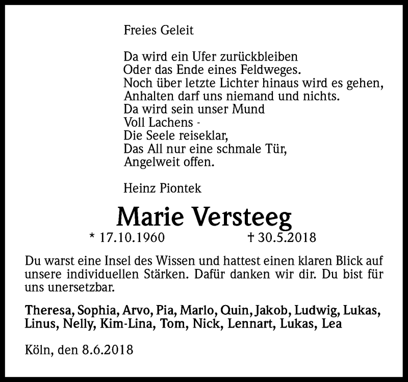  Traueranzeige für Marie Versteeg vom 13.06.2018 aus Kölner Stadt-Anzeiger / Kölnische Rundschau / Express