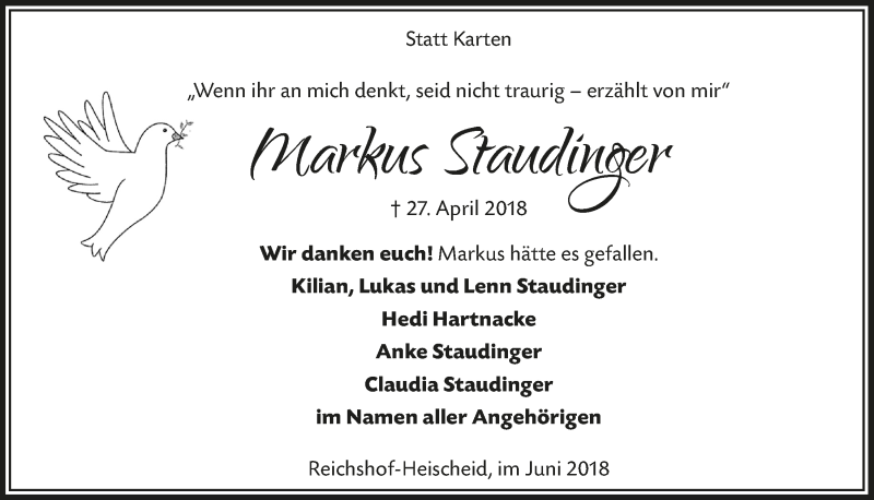  Traueranzeige für Markus Staudinger vom 20.06.2018 aus  Anzeigen Echo  Lokalanzeiger 