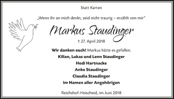 Anzeige von Markus Staudinger von  Anzeigen Echo  Lokalanzeiger 