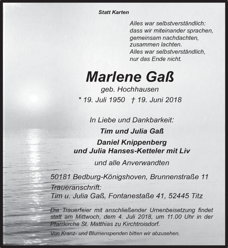  Traueranzeige für Marlene Gaß vom 27.06.2018 aus  Werbepost 