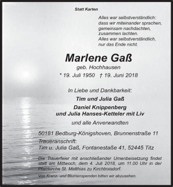 Anzeige von Marlene Gaß von  Werbepost 