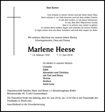 Anzeige von Marlene Heese von Kölner Stadt-Anzeiger / Kölnische Rundschau / Express
